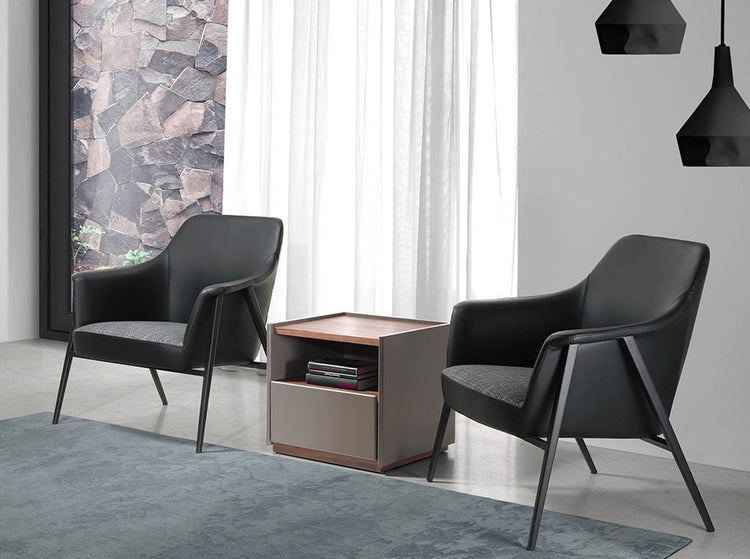 Upholstered fabric and eco-leather armchair with black steel structure