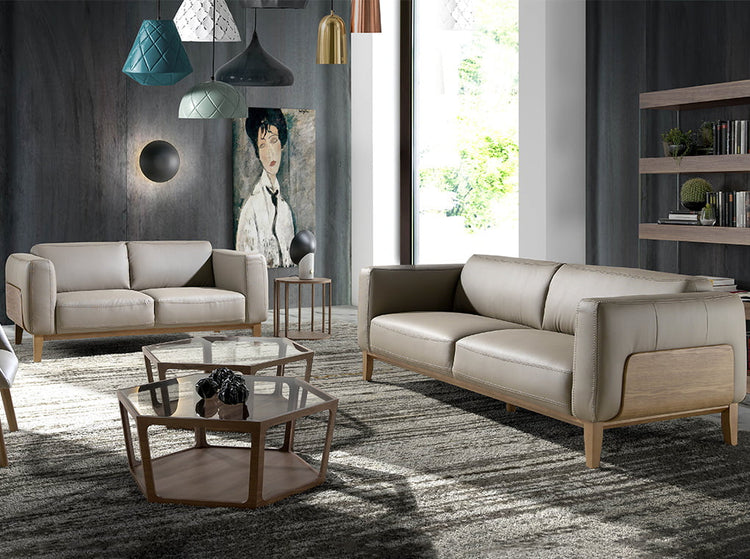 3-seat sofa upholstered in leather with a walnut wood - Angel Cerdá S.L