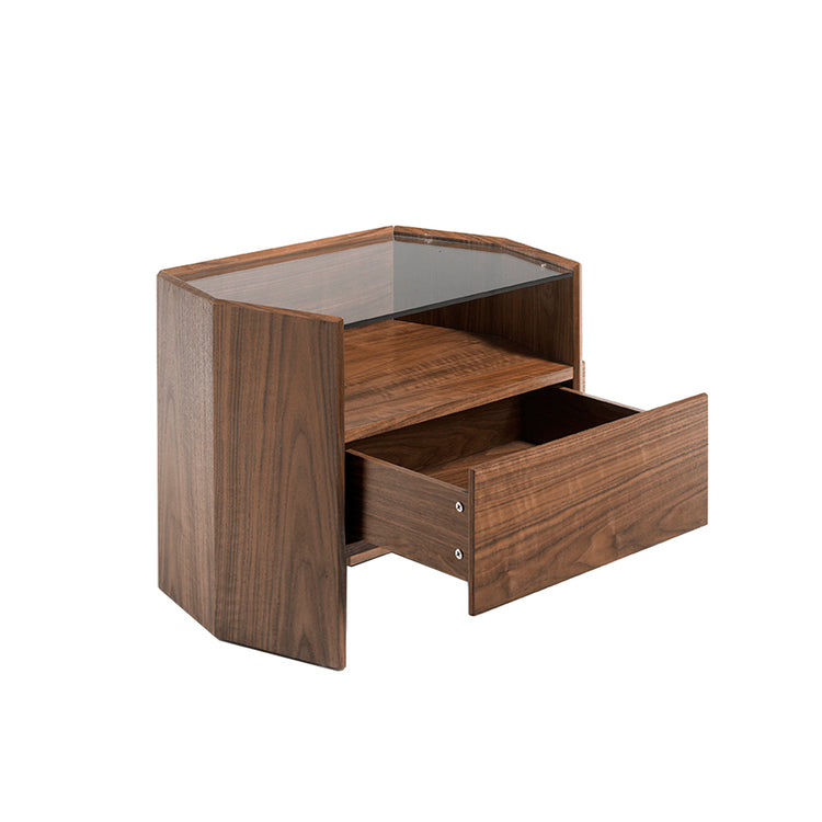 Hexagonal nightstand in walnut wood and tempered glass - Angel Cerdá