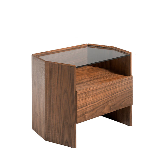 Hexagonal nightstand in walnut wood and tempered glass - Angel Cerdá