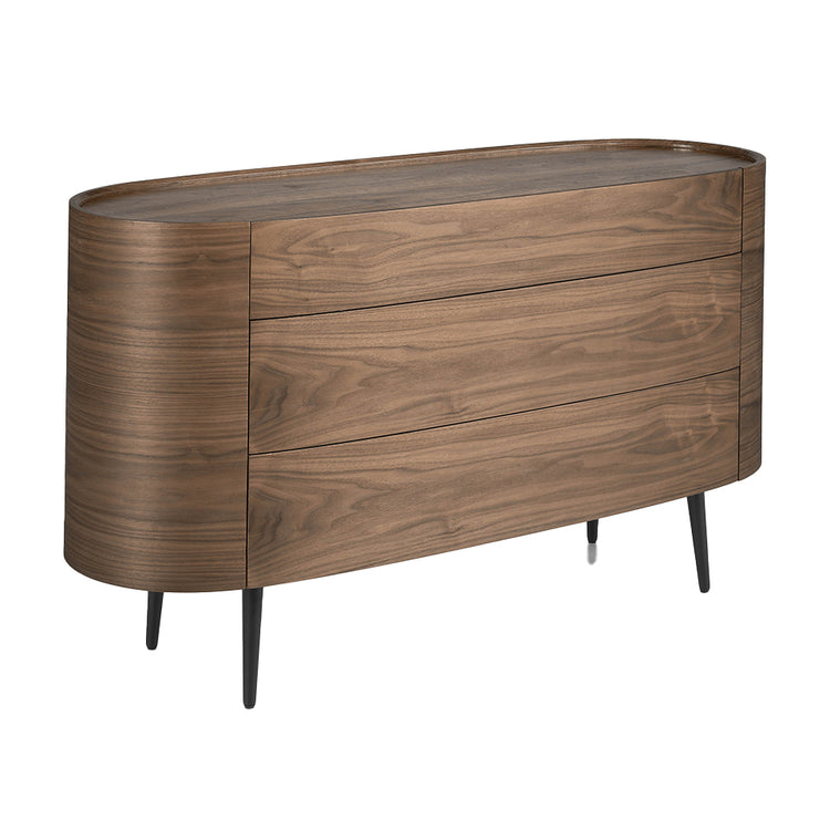 Oval chest of drawers in walnut coloured wood and black steel legs