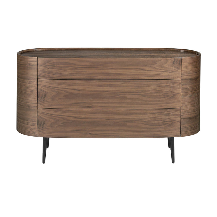 Oval chest of drawers in walnut coloured wood and black steel legs