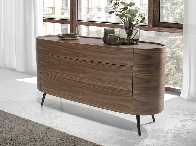 Oval chest of drawers in walnut coloured wood and black steel legs