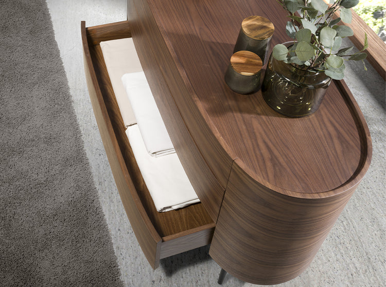 Oval chest of drawers in walnut coloured wood and black steel legs