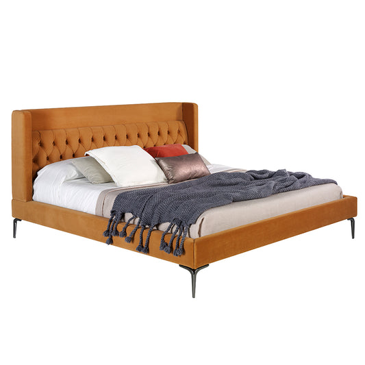 Upholstered bed upholstered in mustard velvet fabric with capitonné - Angel Cerda S.L