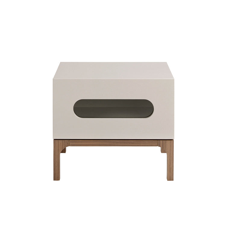 Gray and walnut wood bedside table with interior lighting