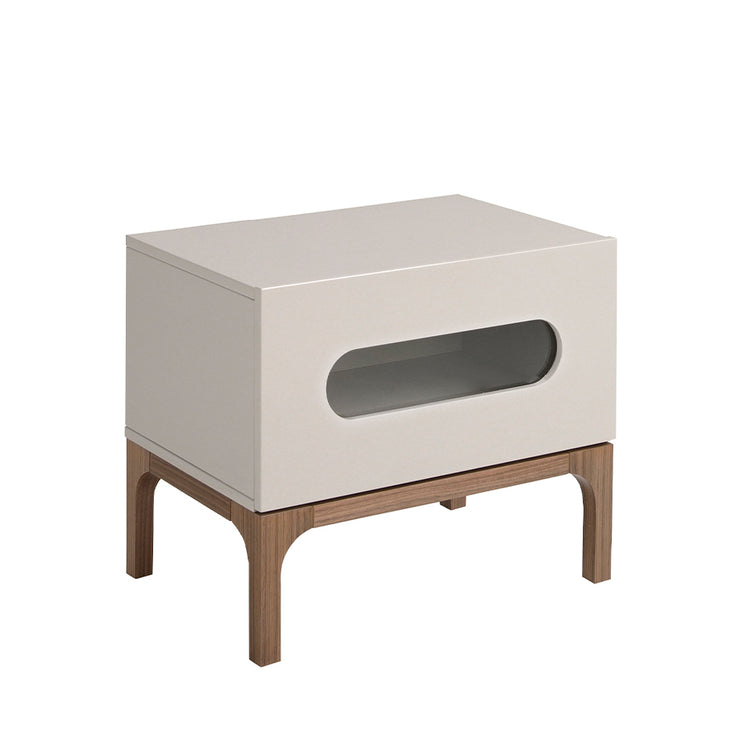 Gray and walnut wood bedside table with interior lighting