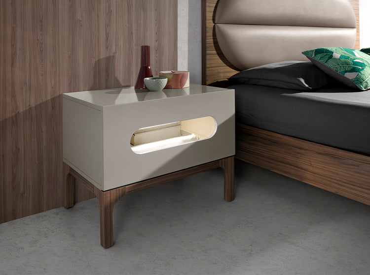 Gray and walnut wood bedside table with interior lighting