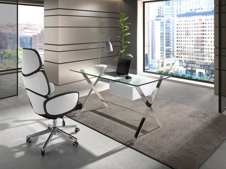 White wood and chrome-plated steel desk with tempered glass top