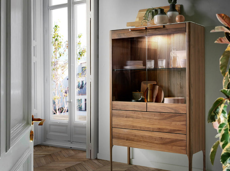 Walnut wood display cabinet and marble-effect fiberglass top