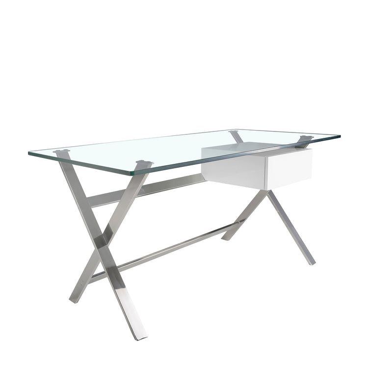 White wood and chrome-plated steel desk with tempered glass top