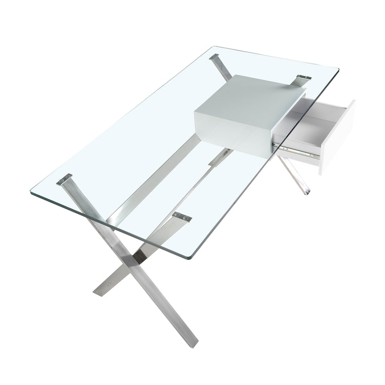 White wood and chrome-plated steel desk with tempered glass top