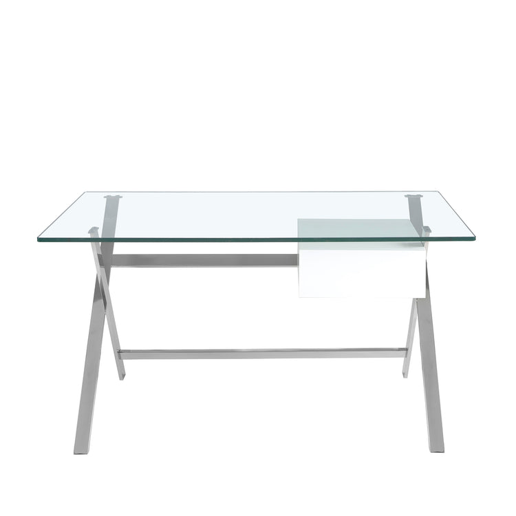 White wood and chrome-plated steel desk with tempered glass top