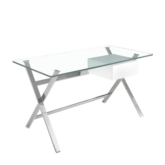 White wood and chrome-plated steel desk with tempered glass top