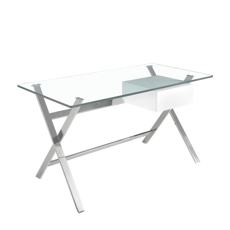 White wood and chrome-plated steel desk with tempered glass top