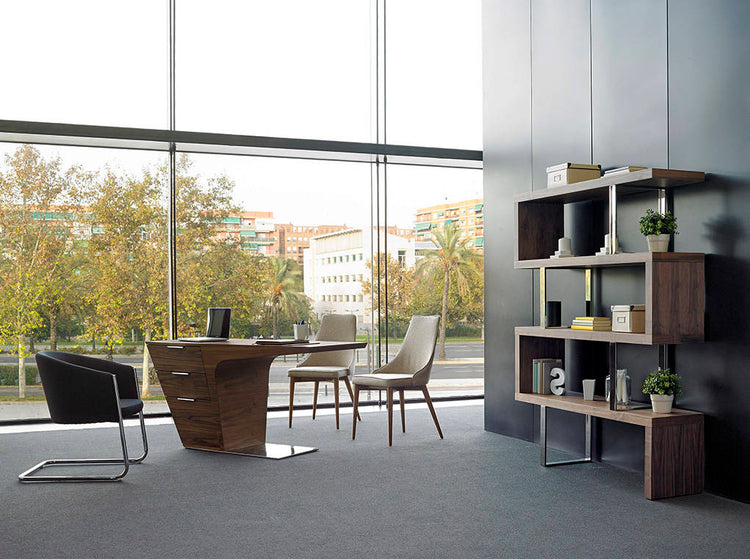 Walnut colored wooden shelf and chrome steel