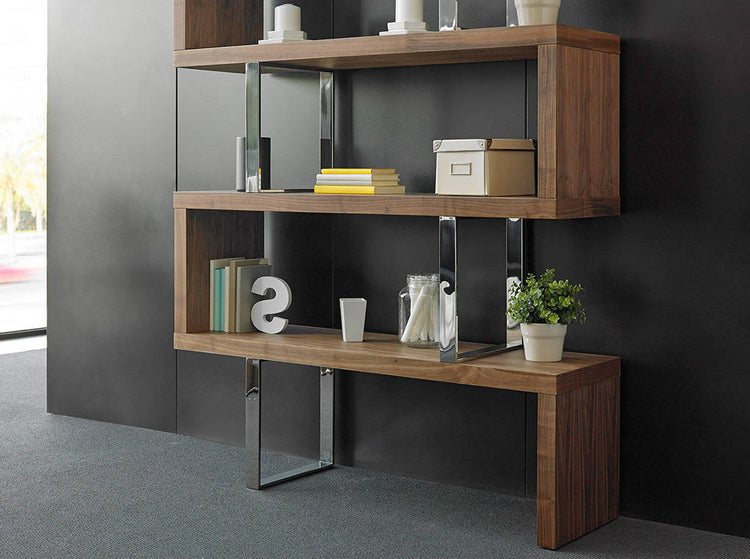 Walnut colored wooden shelf and chrome steel